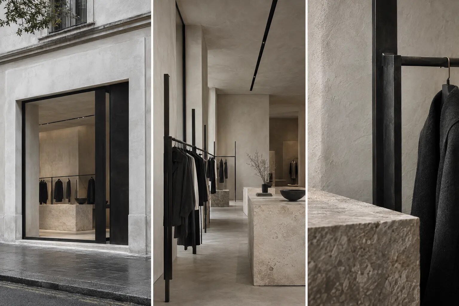 Studio concept di una boutique in calce, pietra e metallo nero