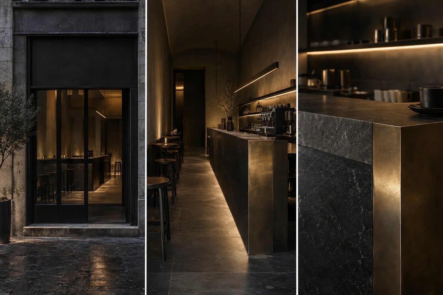 Studio concept di un espresso bar scuro in pietra e metallo brunito