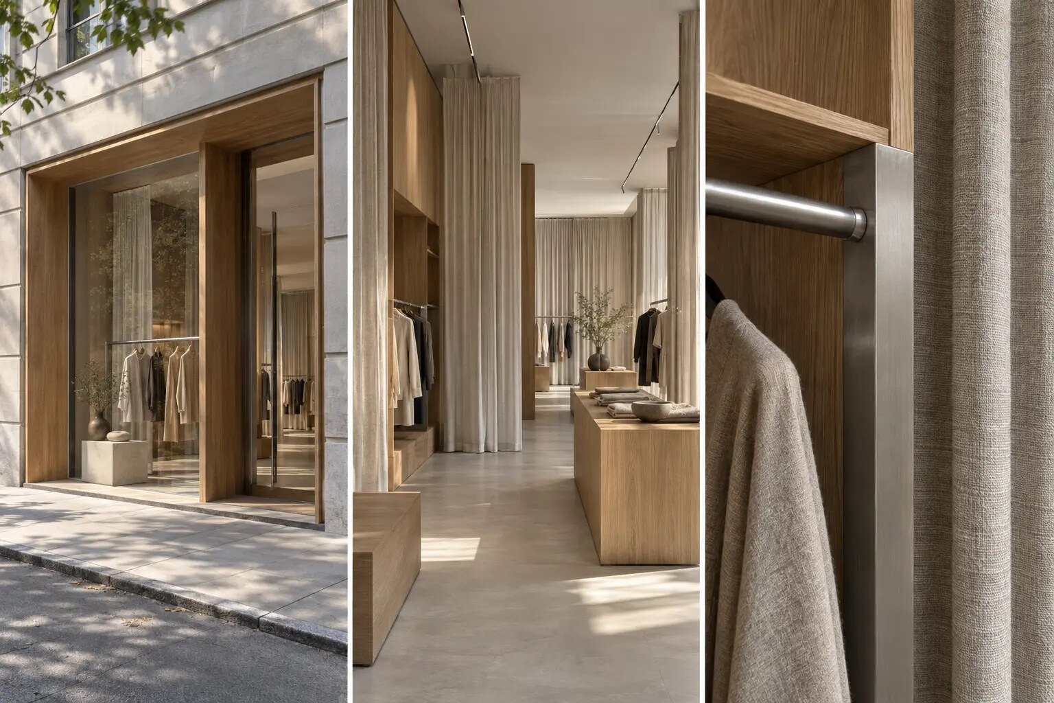 Studio concept di una boutique in rovere, tessuto e acciaio satinato