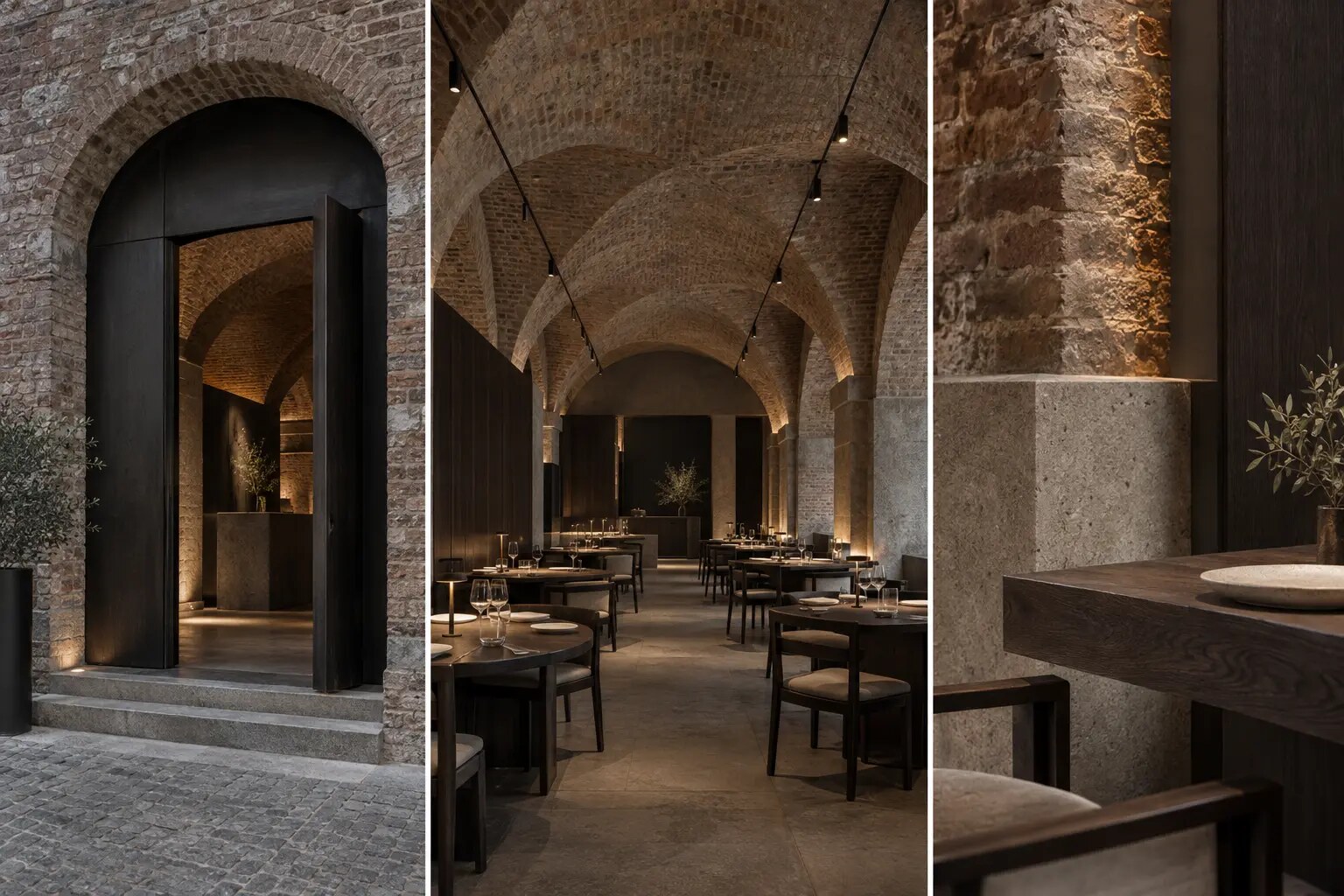Studio concept di un ristorante con volte in laterizio, pietra e legno scuro