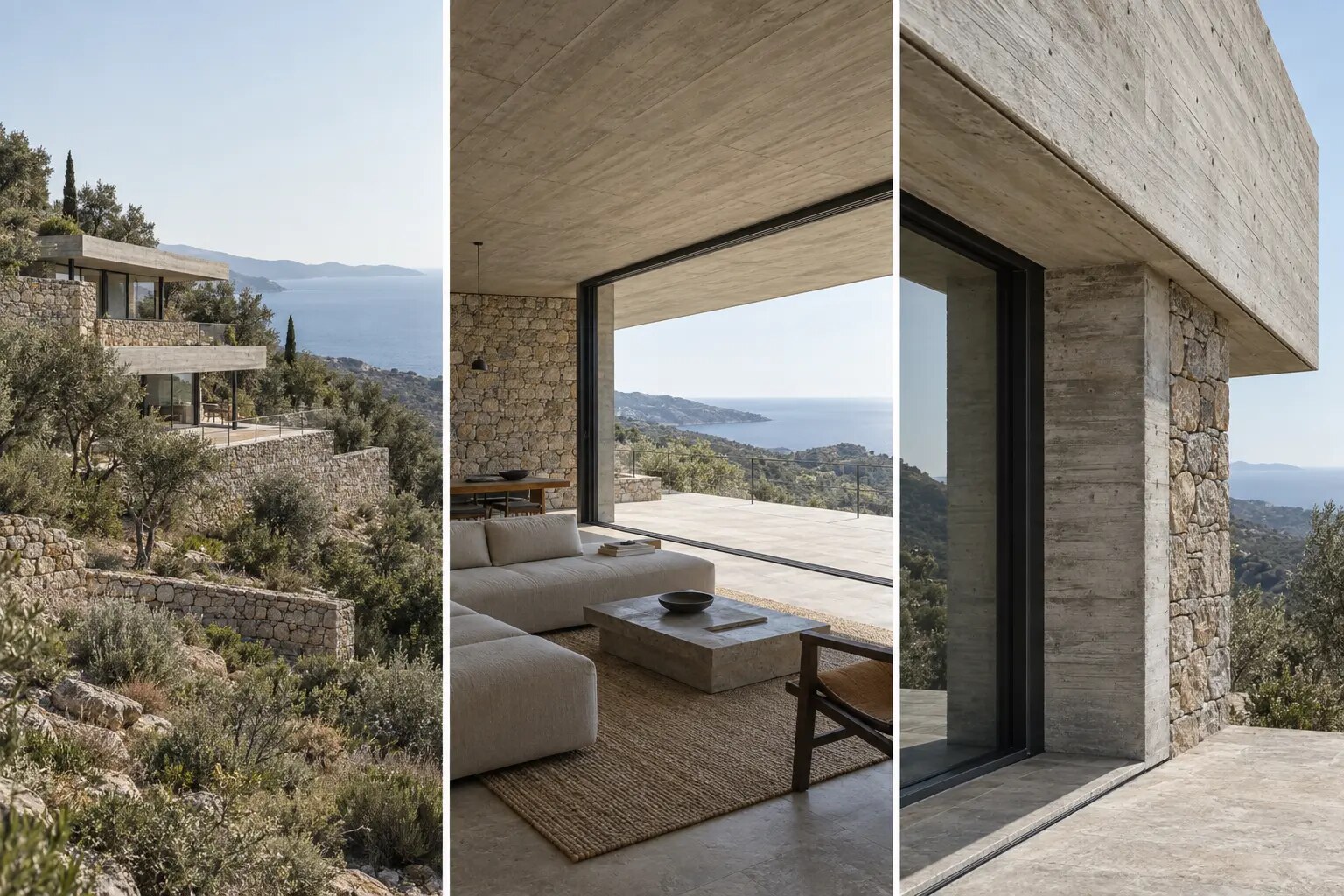 Studio concept di una casa terrazzata sul pendio in cemento e pietra