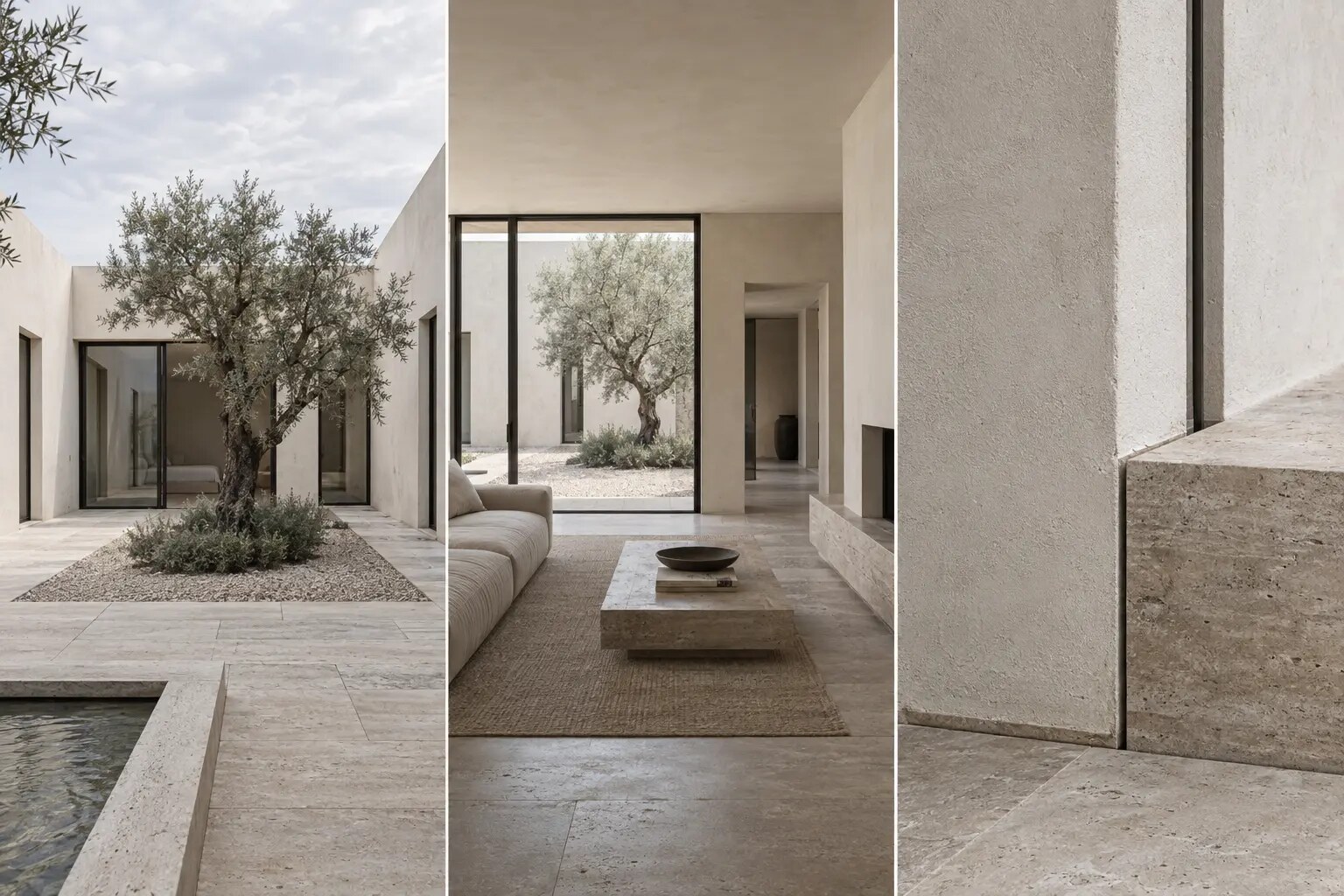 Studio concept di una casa a corte in calce, travertino e legno