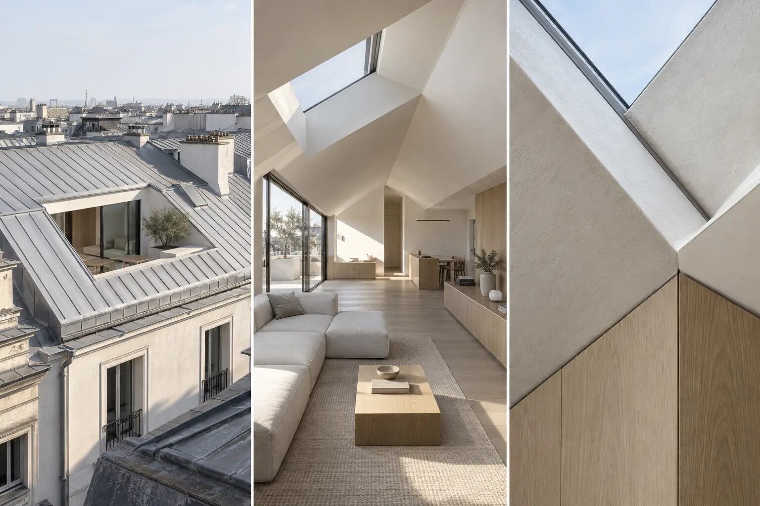 Studio concept di una mansarda luminosa in intonaco bianco e rovere chiaro