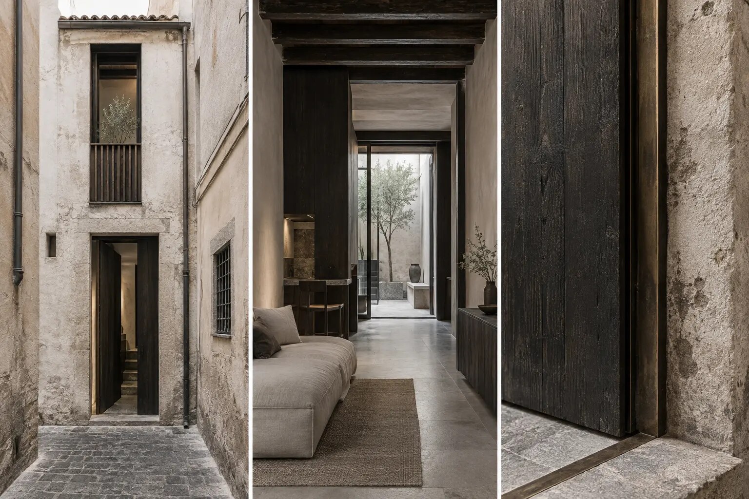 Studio concept di una casa urbana ristrutturata con patio e legno scuro