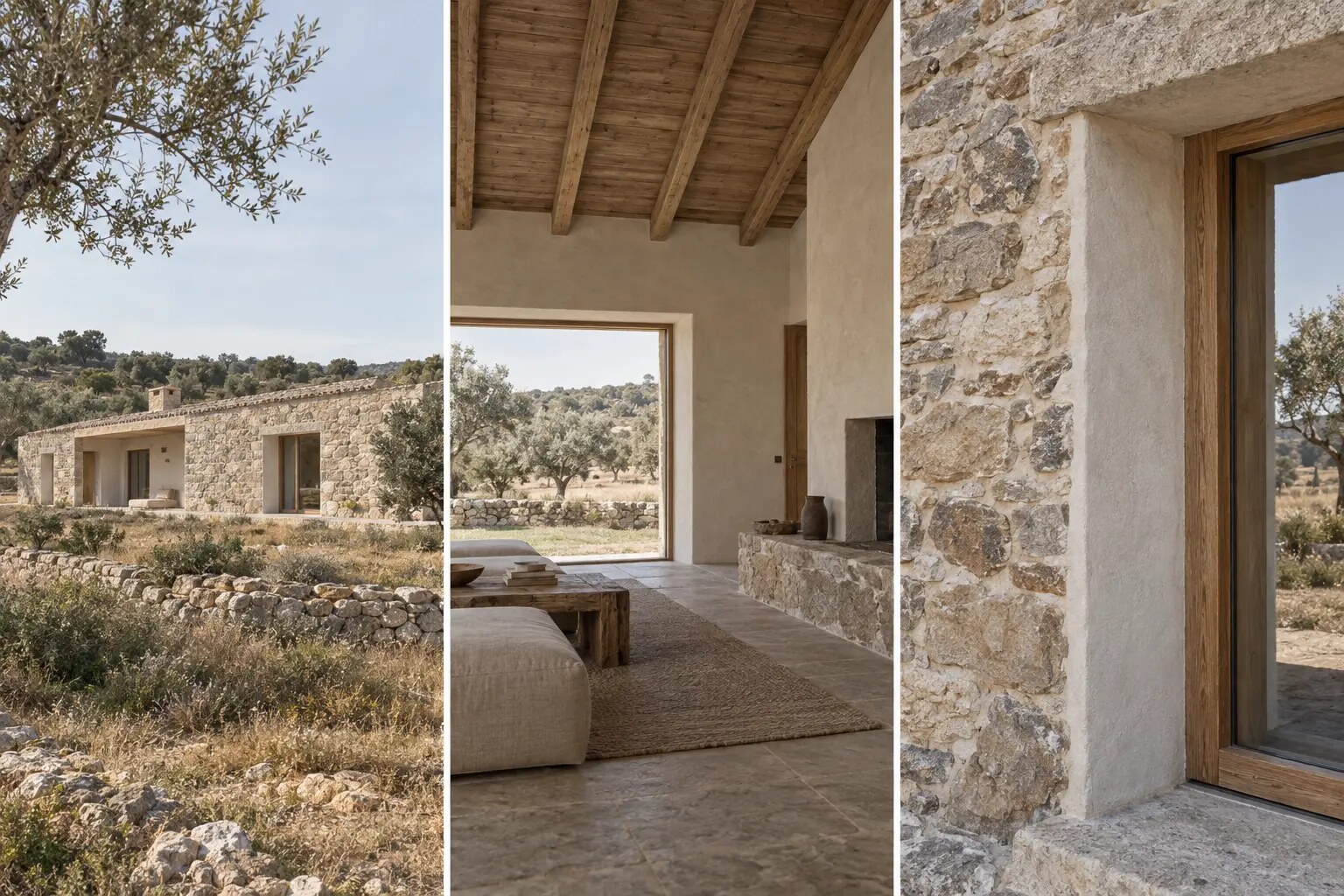 Studio concept di una casa rurale in pietra, calce e cotto